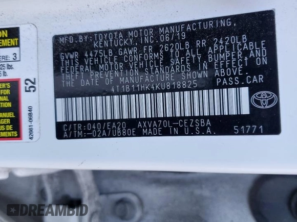 2019 Toyota Camry LE with VIN 4T1B11HK4KU818825, listed as a Copart auction lot 41471675 with 143,925 mi miles and Salvage Title. Bid and sale history available at carsss.com. Image 15.