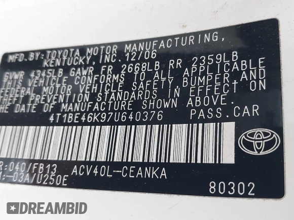 2007 Toyota Camry CE z VIN 4T1BE46K97U640376, wystawiony jako IAAI lot #42374162 z przebiegiem 251 260 mil mil oraz . Historia ofert i sprzedaży dostępna na DreamBid. Obrazek 9.