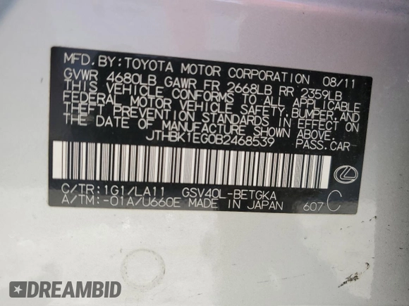 2011 Lexus ES 330 with VIN JTHBK1EG0B2468539, listed as a Copart auction lot 65333035 with 166,222 mi miles and Clean title. Bid and sale history available at DreamBid. Image 12.