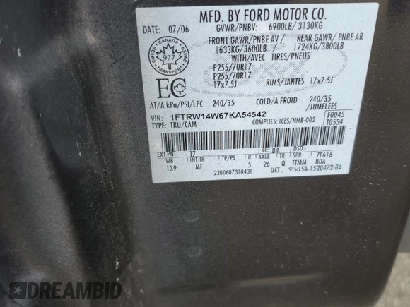 2007 Ford F-150 XLT with VIN 1FTRW14W67KA54542, listed as a Copart auction lot 66049965 with 131,085 mi miles and Clean title. Bid and sale history available at DreamBid. Image 12.