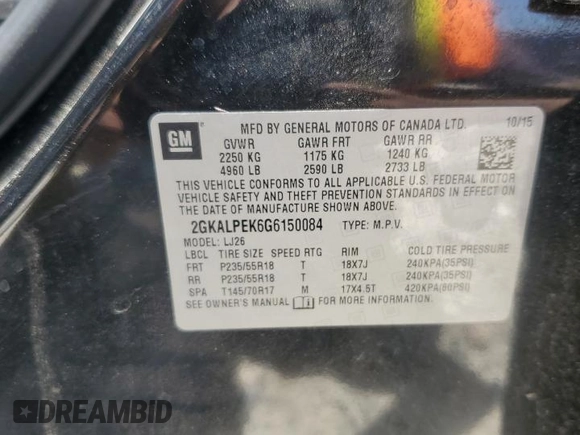 2016 GMC Terrain SLT z VIN 2GKALPEK6G6150084, wystawiony jako Copart lot #57766895 z przebiegiem 70 412 mil mil oraz Szkoda całkowita • Salvage title. Historia ofert i sprzedaży dostępna na DreamBid. Obrazek 13.