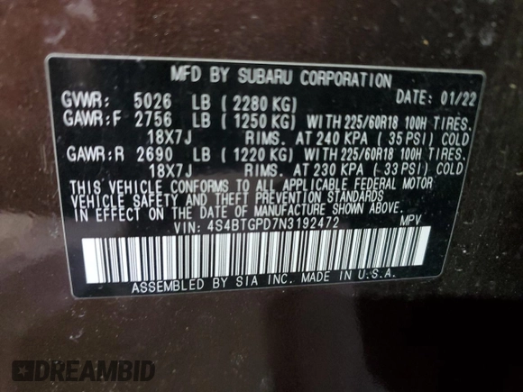 2022 Subaru Outback Touring XT with VIN 4S4BTGPD7N3192472, listed as a Copart auction lot 45467085 with 60,866 mi miles and Salvage title. Bid and sale history available at DreamBid. Image 14.