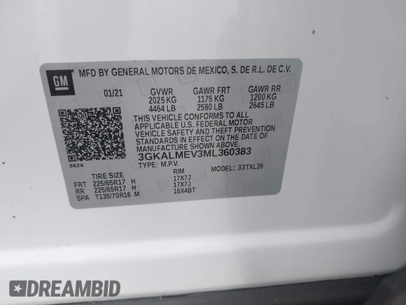 2021 GMC Terrain SLE with VIN 3GKALMEV3ML360383, listed as a IAAI auction lot 41956162 with 27,074 mi miles and . Bid and sale history available at carsss.com. Image 9.
