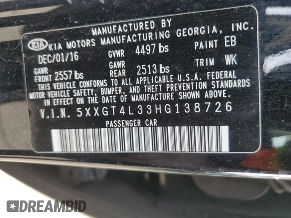 2017 Kia Optima LX z VIN 5XXGT4L33HG138726, wystawiony jako Copart lot #54831125 z przebiegiem 97 253 mil mil oraz Szkoda całkowita • Salvage title. Historia ofert i sprzedaży dostępna na DreamBid. Obrazek 13.