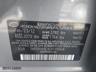 2012 Hyundai Elantra GLS with VIN 5NPDH4AE4CH149904, listed as a IAAI auction lot 41452754 with 117,148 mi miles. Bid and sale history available at carsss.com. Image 9.