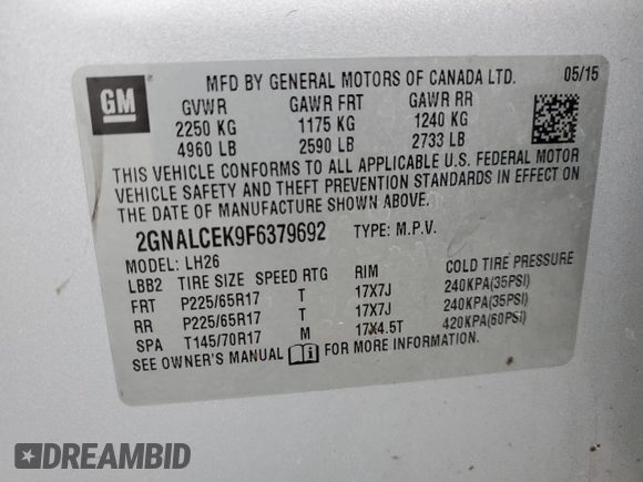 2015 Chevrolet Equinox LT with VIN 2GNALCEK9F6379692, listed as a Copart auction lot 47578075 with 135,257 mi miles and Salvage Title. Bid and sale history available at DreamBid. Image 15.