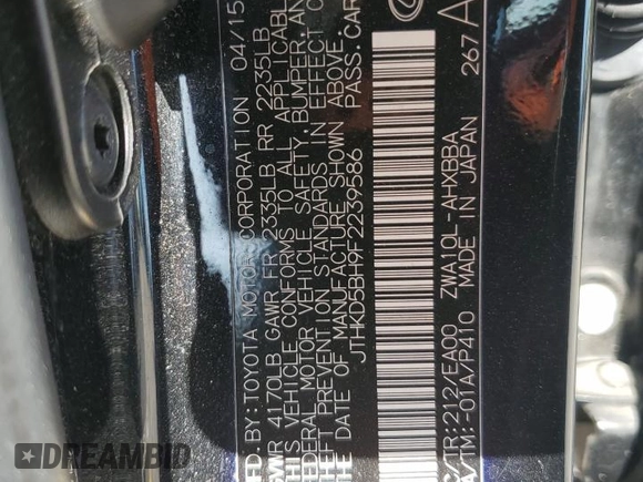 2015 Lexus CT 200h с VIN JTHKD5BH9F2239586, выставлен на аукционе Copart как лот 60679715 с пробегом 78 758 миль миль и Списание • Salvage title. История ставок и продаж доступна на DreamBid. Изображение 12.