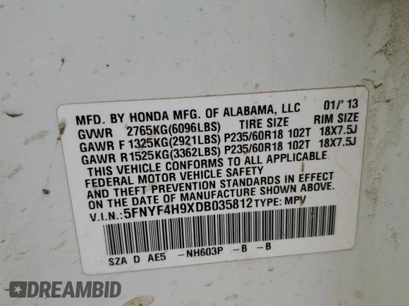 2013 Honda Pilot Touring with VIN 5FNYF4H9XDB035812, listed as a Copart auction lot 51532195 with 84,923 mi miles and Salvage Title. Bid and sale history available at DreamBid. Image 14.