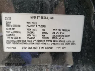 2022 Tesla Model Y Performance with VIN 7SAYGDEF1NF407985, listed as a Copart auction lot 53831325 with 41,225 mi miles and Salvage title. Bid and sale history available at DreamBid. Image 14.