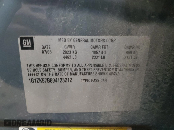 2009 Chevrolet Malibu LTZ with VIN 1G1ZK57B894123212, listed as a Copart auction lot 50030585 with 167,089 mi miles and Salvage Title. Bid and sale history available at DreamBid. Image 14.