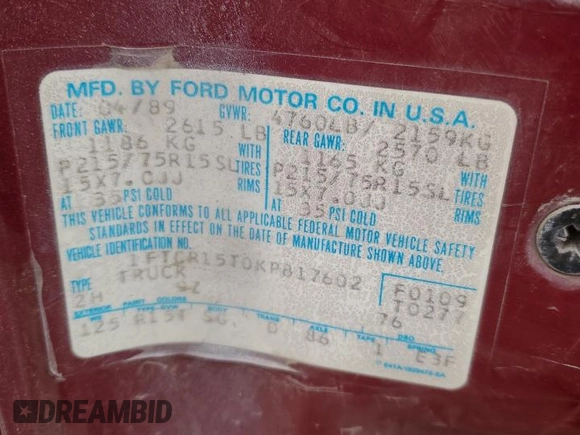 1989 Ford Ranger with VIN 1FTCR15T0KPB17602, listed as a Copart auction lot 44676344 with 1,206 mi miles and Clean Title. Bid and sale history available at carsss.com. Image 12.