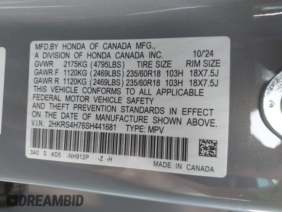 2025 Honda CR-V EX-L with VIN 2HKRS4H76SH441681, listed as a IAAI auction lot 41827882 with 4,464 mi miles and . Bid and sale history available at DreamBid. Image 9.