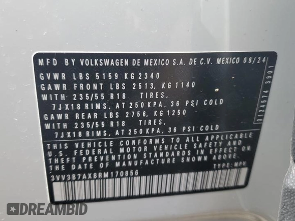 2024 Volkswagen Tiguan SE with VIN 3VV3B7AX8RM170856, listed as a Copart auction lot 51723495 with 3,246 mi miles and Clean title. Bid and sale history available at DreamBid. Image 14.