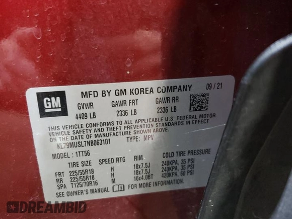 2022 Chevrolet TrailBlazer RS with VIN KL79MUSL7NB063101, listed as a Copart auction lot 47316945 with 62,658 mi miles and Salvage Title. Bid and sale history available at DreamBid. Image 13.