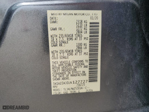 2020 Nissan Murano S with VIN 5N1AZ2AJ1LN127727, listed as a Copart auction lot 50734005 with 29,018 mi miles and Salvage Title. Bid and sale history available at carsss.com. Image 14.