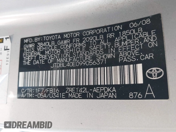 2009 Toyota Corolla with VIN JTDBL40E099056371, listed as a IAAI auction lot 42132122 with 204,016 mi miles and . Bid and sale history available at DreamBid. Image 9.
