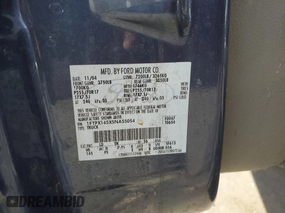 2005 Ford F-150 XLT with VIN 1FTPX145X5NA55054, listed as a Copart auction lot 56250845 with 260,876 mi miles and Salvage title. Bid and sale history available at DreamBid. Image 12.