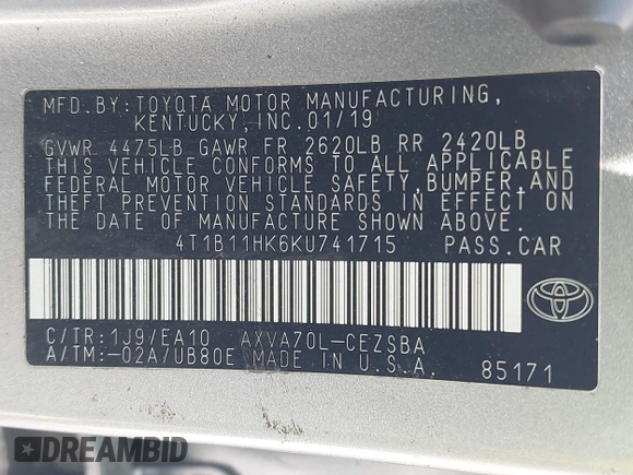 2019 Toyota Camry LE z VIN 4T1B11HK6KU741715, wystawiony jako IAAI lot #42392445 z przebiegiem 138 201 mil mil oraz . Historia ofert i sprzedaży dostępna na DreamBid. Obrazek 9.