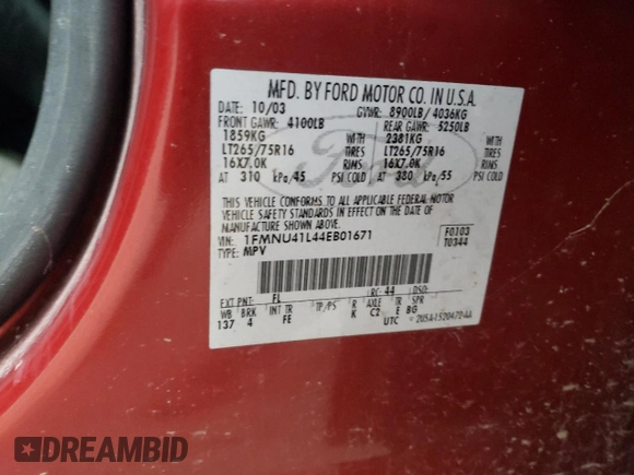 2004 Ford Excursion Special Serv с VIN 1FMNU41L44EB01671, выставлен на аукционе Copart как лот 85745504 с пробегом 202 510 миль миль и Чистый • Clean title. История ставок и продаж доступна на DreamBid. Изображение 13.