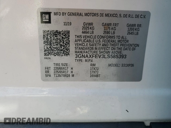 2020 Chevrolet Equinox LS z VIN 3GNAXFEV3LS585393, wystawiony jako Copart lot #48416025 z przebiegiem 105 797 mil mil oraz Szkoda całkowita • Salvage title. Historia ofert i sprzedaży dostępna na DreamBid. Obrazek 12.