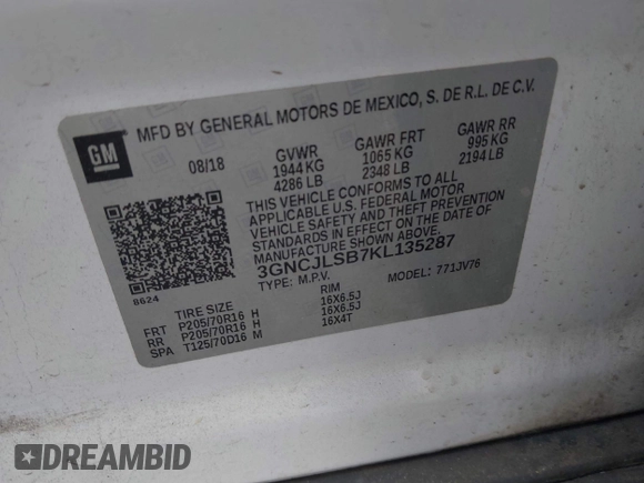 2019 Chevrolet Trax LT with VIN 3GNCJLSB7KL135287, listed as a IAAI auction lot 41982826 with 132,263 mi miles and . Bid and sale history available at carsss.com. Image 9.