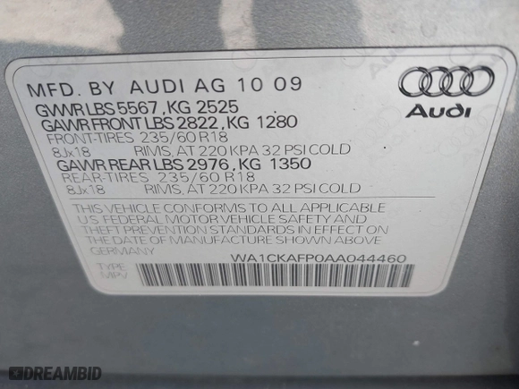 2010 Audi Q5 Premium with VIN WA1CKAFP0AA044460, listed as a IAAI auction lot 41455928 with 227,462 mi miles. Bid and sale history available at carsss.com. Image 9.