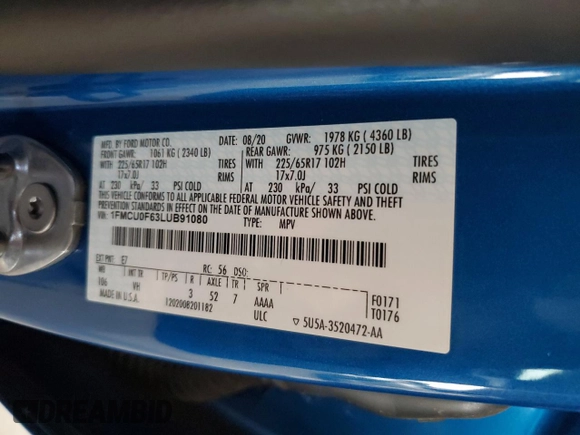2020 Ford Escape S with VIN 1FMCU0F63LUB91080, listed as a Copart auction lot 43466605 with 45,449 mi miles and Salvage Title. Bid and sale history available at DreamBid. Image 14.