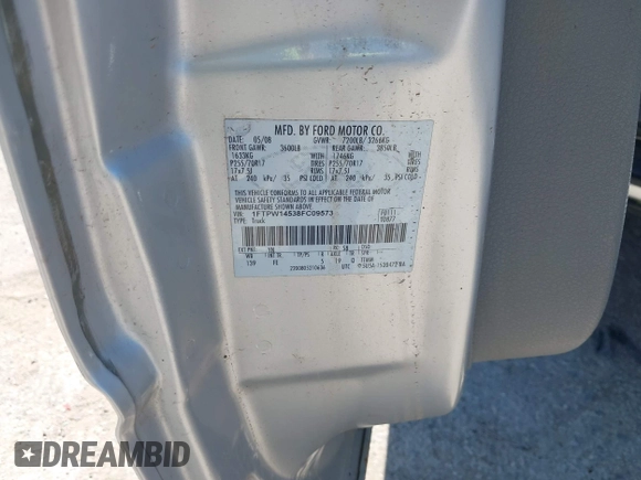 2008 Ford F-150 XLT z VIN 1FTPW14538FC09573, wystawiony jako IAAI lot #41978554 z przebiegiem Nie podano mil oraz . Historia ofert i sprzedaży dostępna na DreamBid. Obrazek 9.
