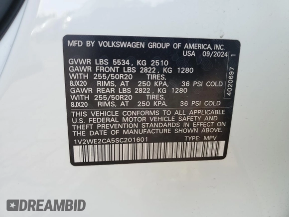 2025 Volkswagen Atlas SE with VIN 1V2WE2CA5SC201601, listed as a Copart auction lot 50102745 with 9,285 mi miles and Clean title. Bid and sale history available at DreamBid. Image 12.