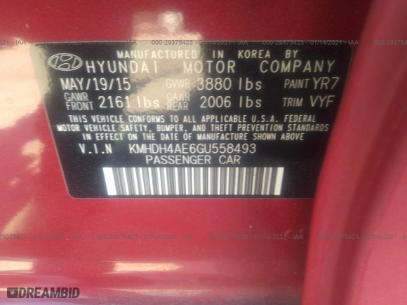 2016 Hyundai Elantra SE with VIN KMHDH4AE6GU558493, listed as a IAAI auction lot 29375423 with 89,842 mi miles. Bid and sale history available at carsss.com. Image 9.
