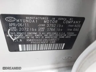 2011 Hyundai Elantra Ltd with VIN KMHDH4AE2BU148377, listed as a IAAI auction lot 41925933 with 189,669 mi miles. Bid and sale history available at carsss.com. Image 9.