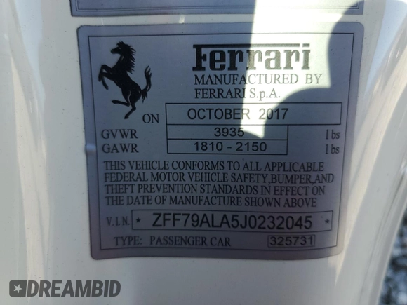 2018 Ferrari 488 z VIN ZFF79ALA5J0232045, wystawiony jako Copart lot #69417283 z przebiegiem 26 053 mil mil oraz . Historia ofert i sprzedaży dostępna na DreamBid. Obrazek 14.