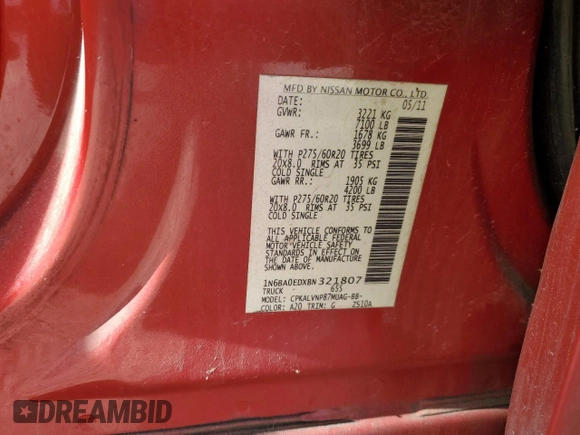2011 Nissan Titan SV with VIN 1N6BA0EDXBN321807, listed as a Copart auction lot 84557694 with 224,437 mi miles and Clean Title. Bid and sale history available at DreamBid. Image 12.