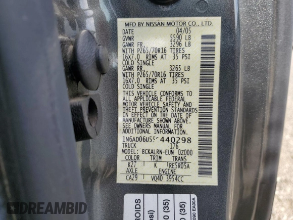 2005 Nissan Frontier SE with VIN 1N6AD06U55C440298, listed as a Copart auction lot 56540025 with 46,369 mi miles and Salvage title. Bid and sale history available at DreamBid. Image 12.