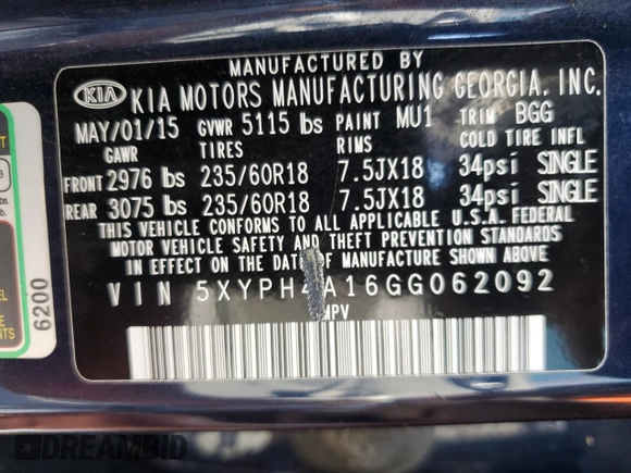2016 Kia Sorento EX z VIN 5XYPH4A16GG062092, wystawiony jako Copart lot #60347405 z przebiegiem 164 232 mil mil oraz Szkoda całkowita • Salvage title. Historia ofert i sprzedaży dostępna na DreamBid. Obrazek 13.
