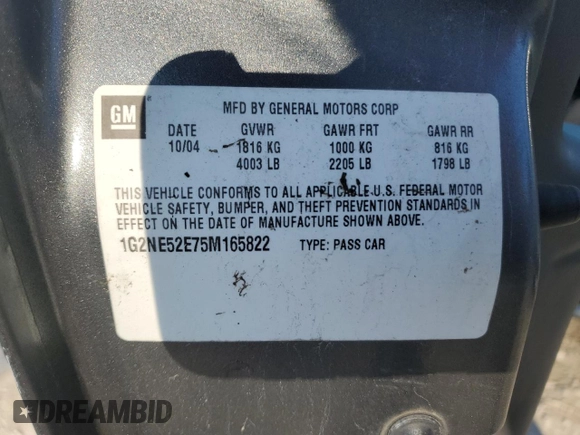 2005 Pontiac Grand Am SE with VIN 1G2NE52E75M165822, listed as a Copart auction lot 41705305 with 85,175 mi miles and Salvage Title. Bid and sale history available at carsss.com. Image 12.