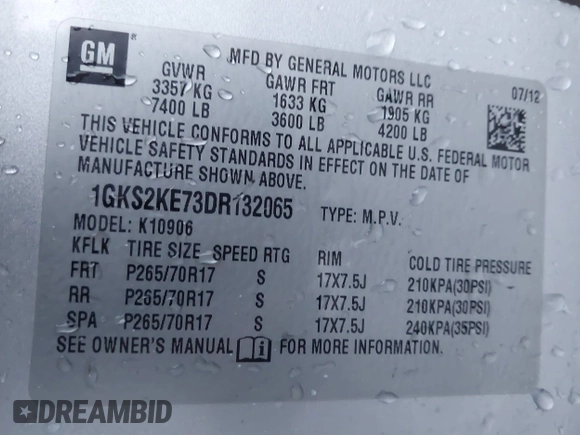 2013 GMC Yukon XL SLT z VIN 1GKS2KE73DR132065, wystawiony jako IAAI lot #40885853 z przebiegiem 207 492 mil mil oraz . Historia ofert i sprzedaży dostępna na DreamBid. Obrazek 9.