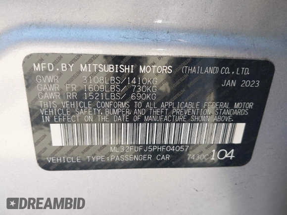 2023 Mitsubishi Mirage ES with VIN ML32FUFJ5PHF04057, listed as a IAAI auction lot 42098868 with 35,604 mi miles and . Bid and sale history available at DreamBid. Image 9.