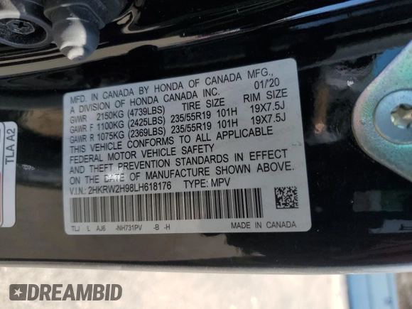 2020 Honda CR-V Touring with VIN 2HKRW2H98LH618176, listed as a Copart auction lot 49994895 with 18,092 mi miles and Salvage Title. Bid and sale history available at DreamBid. Image 13.