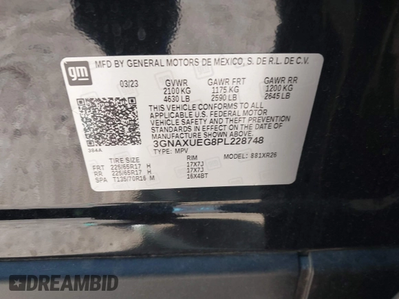 2023 Chevrolet Equinox LT with VIN 3GNAXUEG8PL228748, listed as a IAAI auction lot 41634523 with 34,131 mi miles and . Bid and sale history available at DreamBid. Image 9.