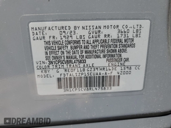 2024 Nissan Kicks SV with VIN 3N1CP5CV8RL475833, listed as a Copart auction lot 49417405 with 14,040 mi miles and Salvage Title. Bid and sale history available at DreamBid. Image 15.