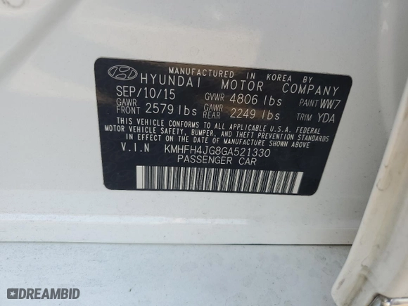 2016 Hyundai Azera Limited with VIN KMHFH4JG8GA521330, listed as a Copart auction lot 69043394 with 0 mi miles and Salvage Title. Bid and sale history available at carsss.com. Image 12.
