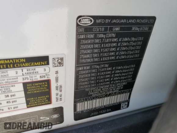 2018 Land Rover Range Rover Sport SE with VIN SALWG2RK7JA407291, listed as a Copart auction lot 40617623 with 47,582 mi miles and . Bid and sale history available at DreamBid. Image 15.