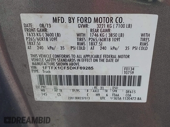 2013 Ford F-150 XL with VIN 1FTFX1CF5DKF69285, listed as a IAAI auction lot 41867360 with 141,111 mi miles. Bid and sale history available at carsss.com. Image 9.
