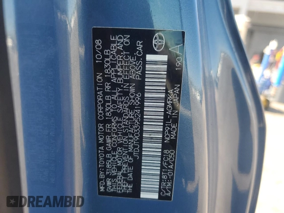 2009 Toyota Yaris with VIN JTDJT903395241996, listed as a Copart auction lot 55706245 with 337,210 mi miles and Clean Title. Bid and sale history available at DreamBid. Image 13.