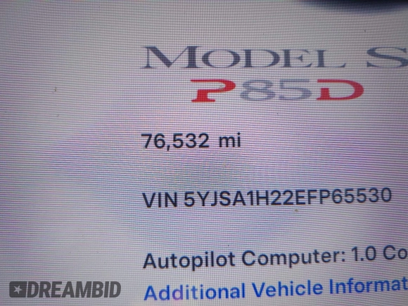 2014 Tesla Model S P85D with VIN 5YJSA1H22EFP65530, listed as a IAAI auction lot 41959941 with 76,532 mi miles and . Bid and sale history available at DreamBid. Image 15.