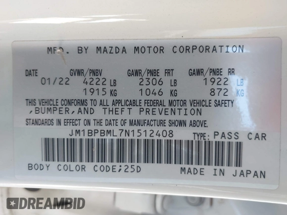 2022 Mazda 3 Premium with VIN JM1BPBML7N1512408, listed as a IAAI auction lot 41818606 with 50,238 mi miles and . Bid and sale history available at DreamBid. Image 9.