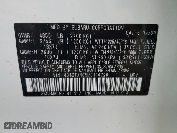 2021 Subaru Outback Limited with VIN 4S4BTANC5M3110728, listed as a Copart auction lot 55239795 with 36,277 mi miles and Salvage title. Bid and sale history available at DreamBid. Image 14.
