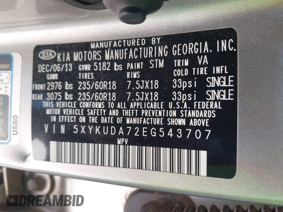 2014 Kia Sorento EX with VIN 5XYKUDA72EG543707, listed as a IAAI auction lot 42045776 with 83,700 mi miles. Bid and sale history available at carsss.com. Image 9.