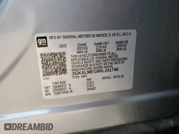 2024 GMC Terrain SLE with VIN 3GKALMEG9RL241746, listed as a Copart auction lot 55422785 with 20,583 mi miles and Salvage title. Bid and sale history available at DreamBid. Image 14.